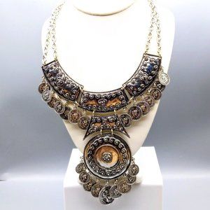 Vintage Dramatic Bib Statement Necklace, Tribal Medallion in Silver Tone